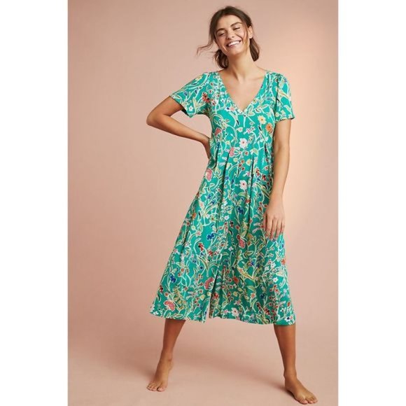 Anthropologie Pants - EUC Anthropologie Lightweight Green Floral Jumpsuit with Flowing Pant Legs XL